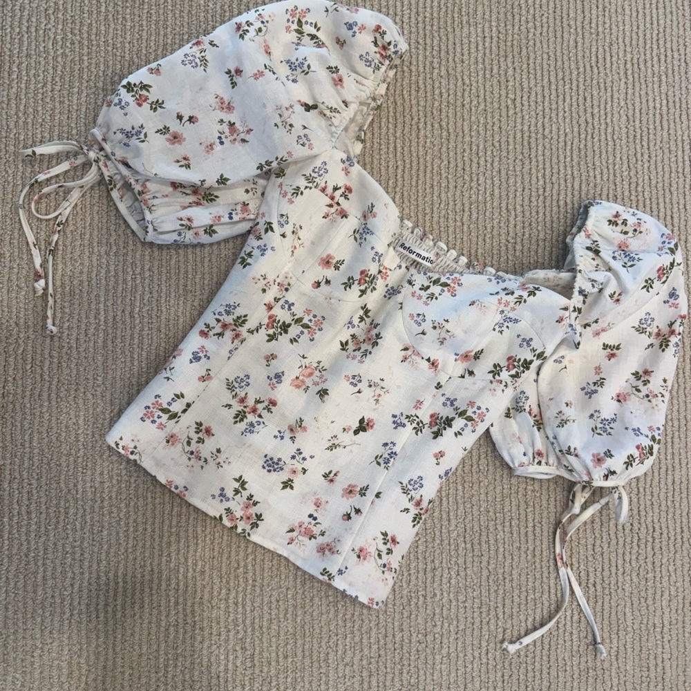 Reformation White Floral Puff Sleeve Blouse